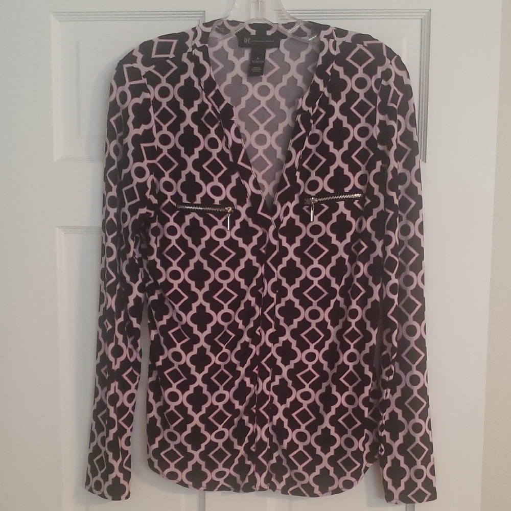 INC International Concepts Black and Pink Geometric Blouse